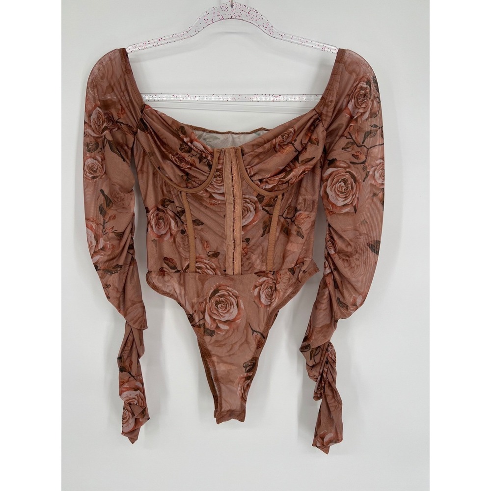 Shein Floral Mesh Bodysuit Long Sleeve Corset Top Rose Print Size M - Picture 3 of 8